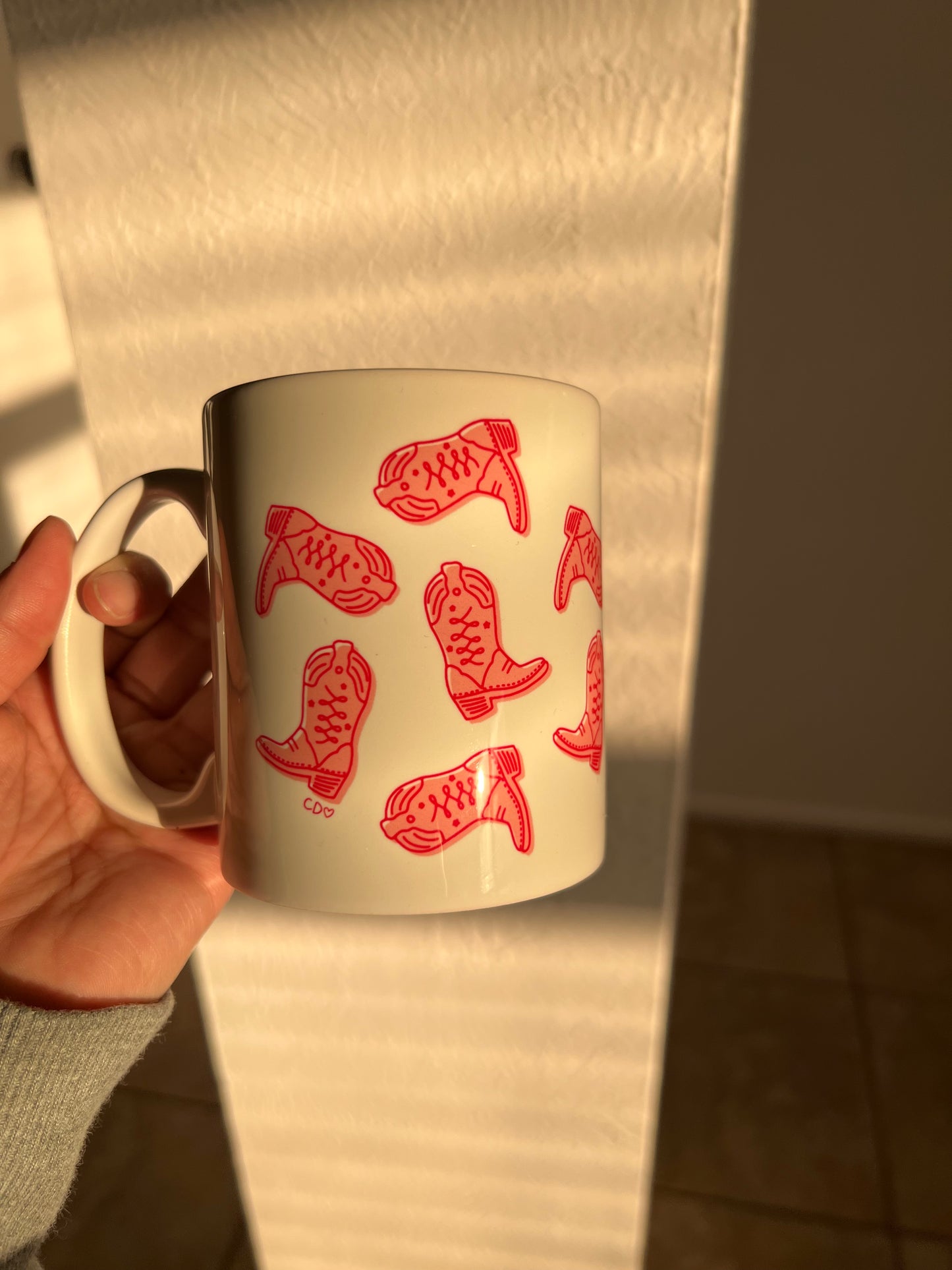 pink western boot mug
